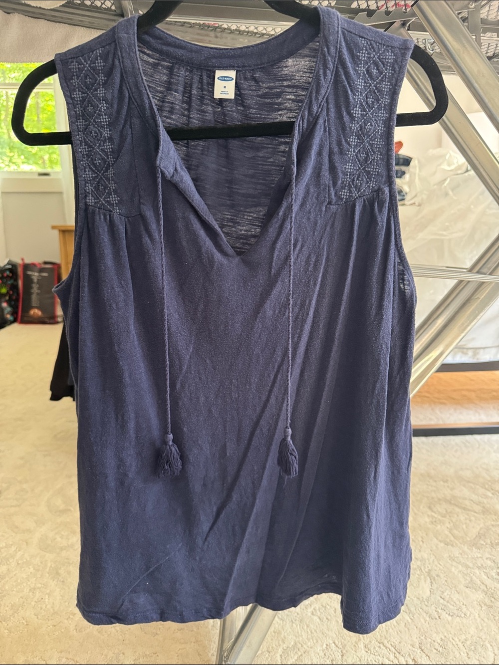 Old Navy Navy Embroidered Yoke Tassel Tank Top
